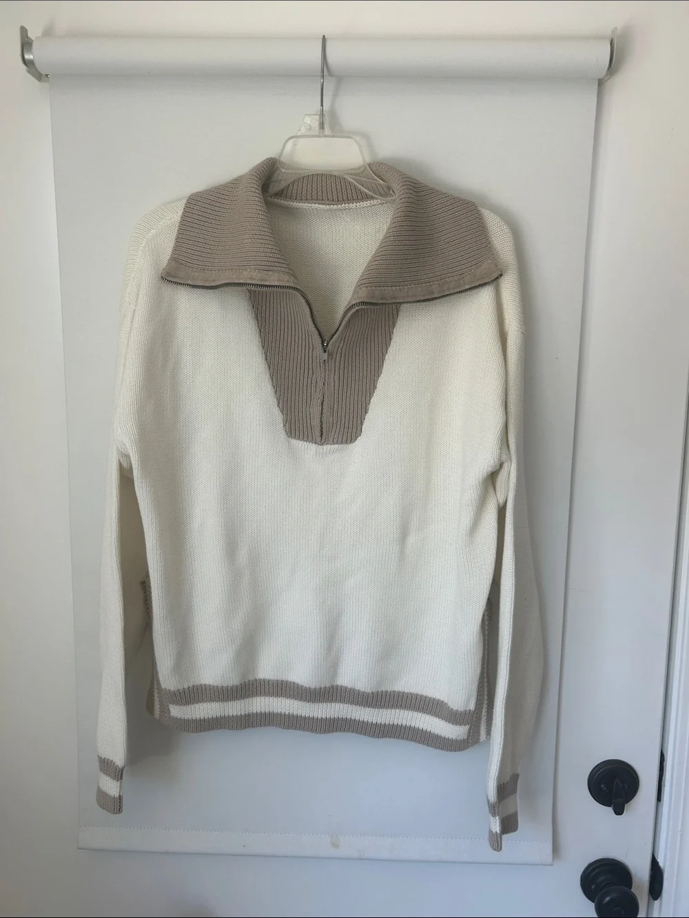 ZSUPPLY Cream Zip-Front Sweater with Taupe Contrast Collar
